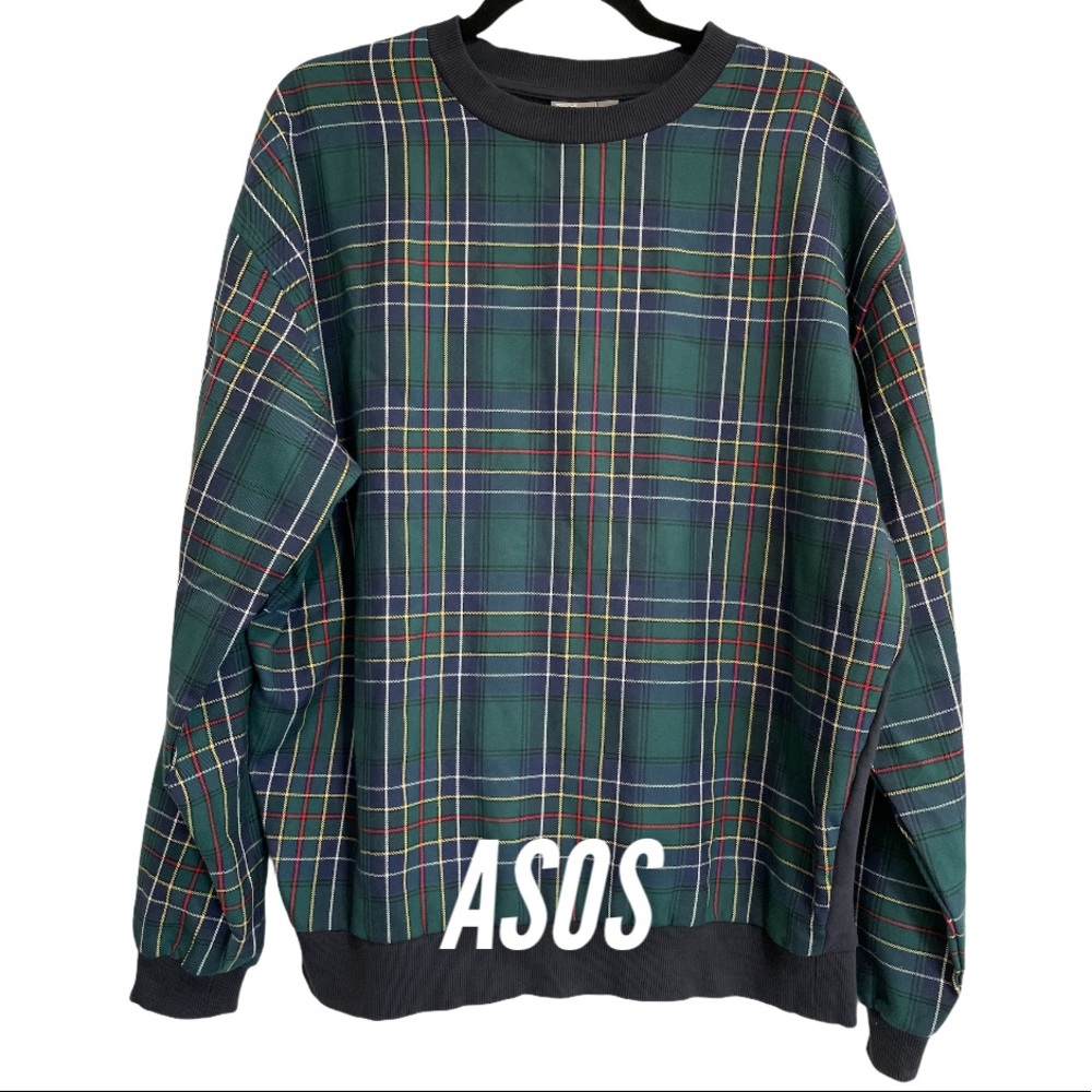 ASOS Navy Tartan Crew Neck Sweater
